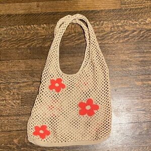 Beige Crochet Tote Bag with Floral Accents